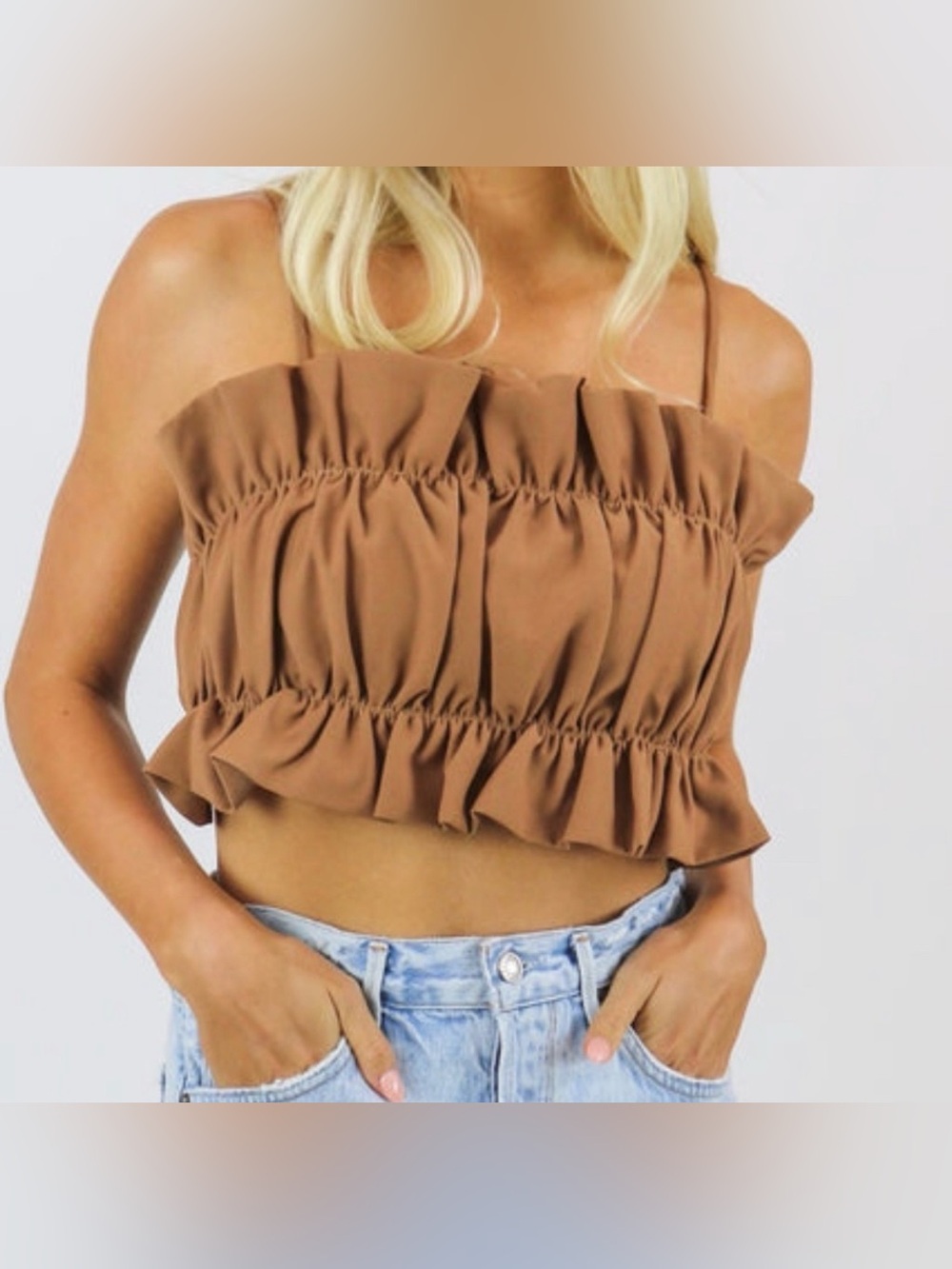 Line and Dot Brown Ruffled Smocked Crop Top - Women